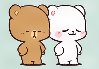 Two Teddy Bears Are Standing Next To Each Other And One Is Kissing The Other On The Forehead . GIF