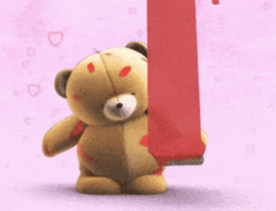 Two Teddy Bears Are Standing Next To Each Other In Front Of A Pink Background GIF