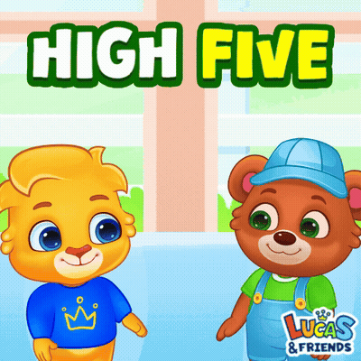 Two Teddy Bears Are Standing Next To Each Other In Front Of A Sign That Says " High Five " GIF