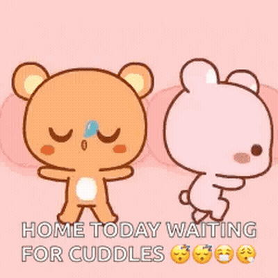 Two Teddy Bears Are Standing Next To Each Other On A Pink Background And They Are Waiting For Cuddles . GIF