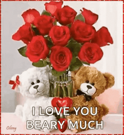 Two Teddy Bears Beside Vase Of Red Roses And Heart GIF