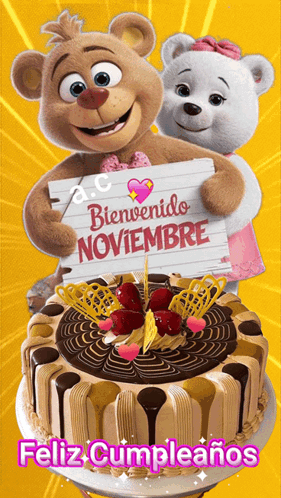 Two Teddy Bears Holding Bienvenido Noviembre Sign GIF