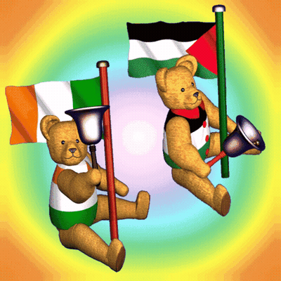 Two Teddy Bears Holding Flags And Bells GIF
