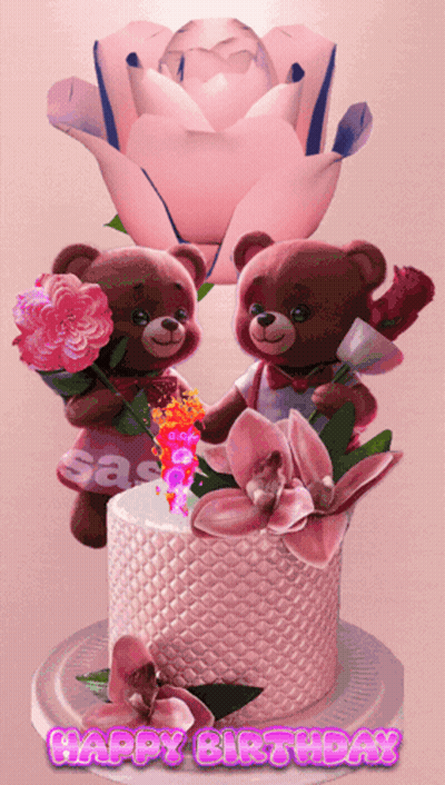 Two Teddy Bears Holding Flowers On Birthday Cake GIF