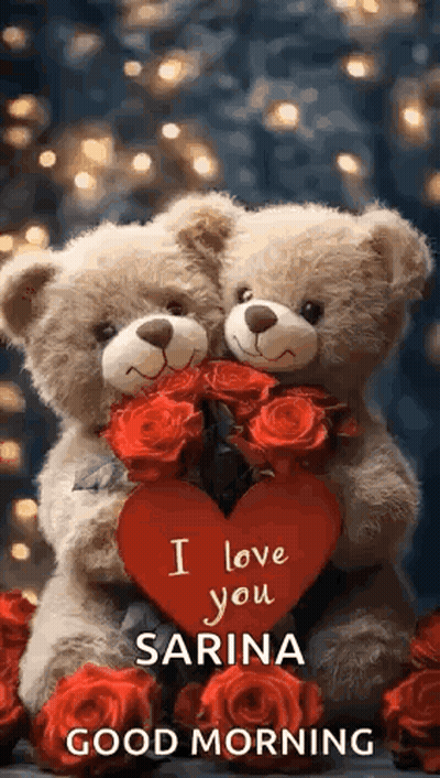 Two Teddy Bears Holding Heart And Roses GIF