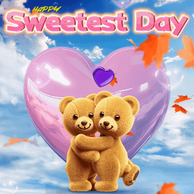 Two Teddy Bears Hugging In Front Of Pink Heart Saying Happy Sweetest Day GIF