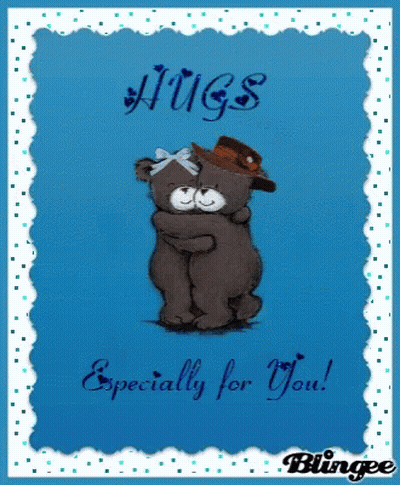 Two Teddy Bears Hugging With The Words Hugs Especially For You GIF