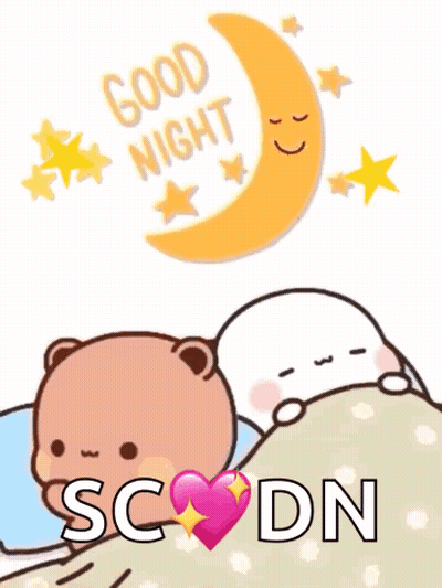 Two Teddy Bears Laying In Bed With Crescent Moon Good Night SC DN GIF
