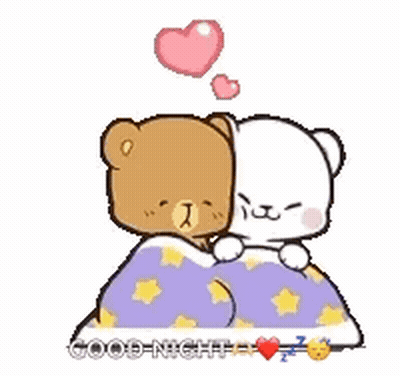 Two Teddy Bears Laying On Bed Saying Good Night GIF