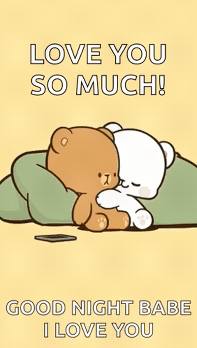 Two Teddy Bears Laying On Pillow GIF