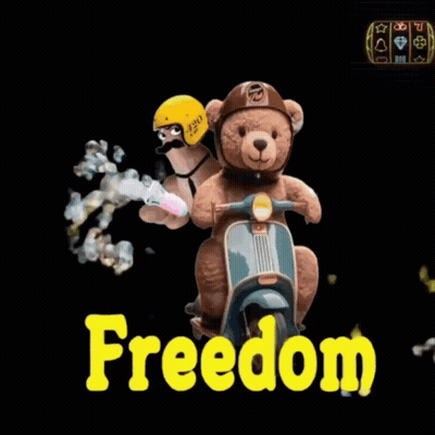 Two Teddy Bears Riding Scooter Saying Freedom In Yellow GIF