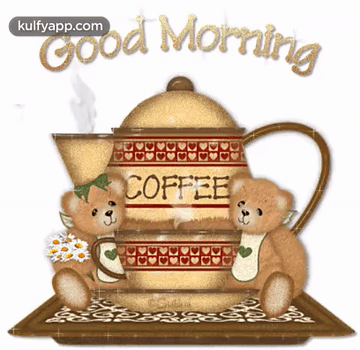 Two Teddy Bears Sit Next To A Coffee Pot That Says Coffee On It GIF