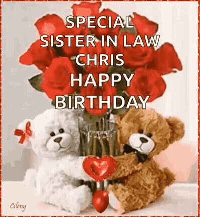 Two Teddy Bears Sitting Next To Vase Of Red Roses And Heart GIF