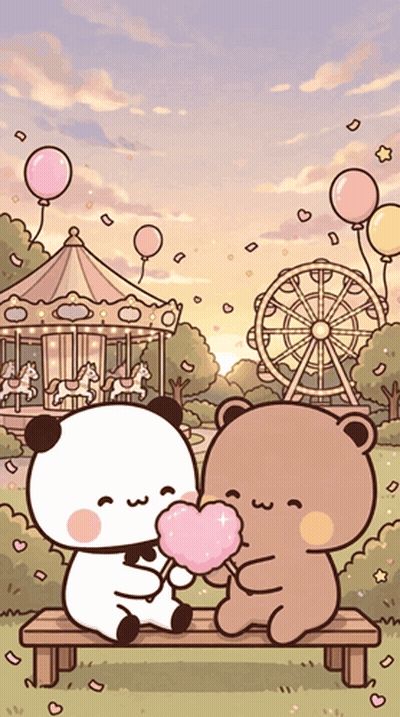 Two Teddy Bears Sitting On Bench In Front Of Merry Go Round GIF