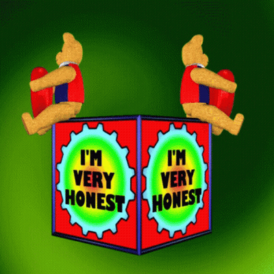 Two Teddy Bears Sitting On Box Saying I'm Very Honest GIF