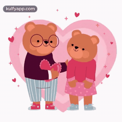 Two Teddy Bears Standing Next To Each Other In Front Of A Heart GIF