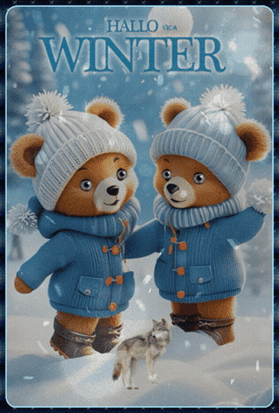 Two Teddy Bears Wearing Blue Sweaters And Hats Are Standing In The Snow With A Wolf And The Words Hallo Winter GIF
