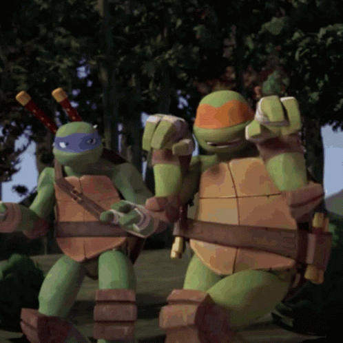 Two Teenage Mutant Ninja Turtles Are Standing Next To Each Other In A Forest GIF