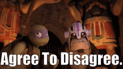 Two Teenage Mutant Ninja Turtles Are Standing Next To Each Other With The Words Agree To Disagree Above Them GIF