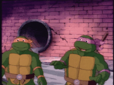 Two Teenage Mutant Ninja Turtles In Front Of Brick Wall GIF