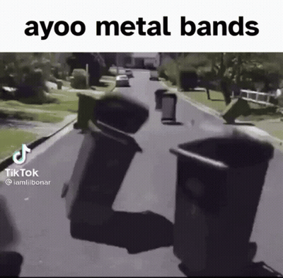 Two Trash Cans Walking With Ayoo Metal Bands GIF