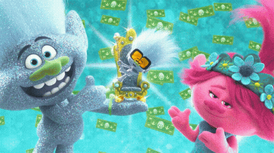 Two Trolls Are Standing Next To Each Other In Front Of A Pile Of Dollar Bills GIF