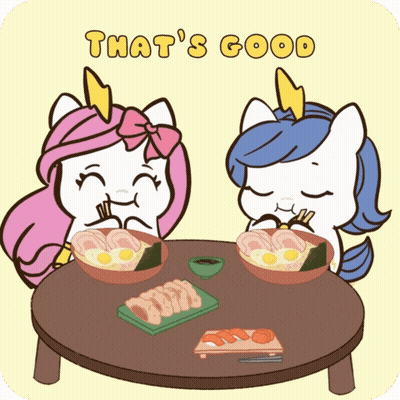 Two Unicorns Eating Food Saying That's Good GIF