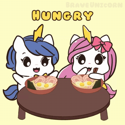 Two Unicorns Sitting With Food Bowls GIF