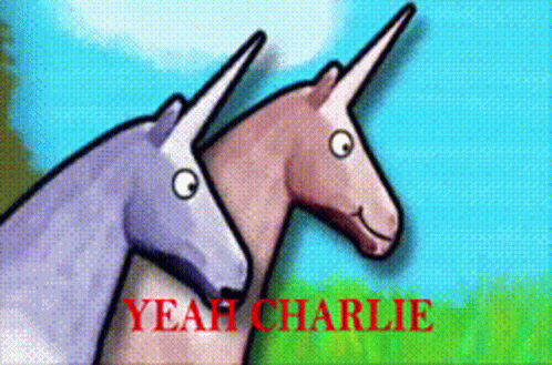 Two Unicorns With Yeah Charlie In Red GIF