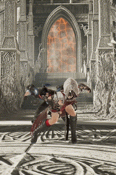 Two Video Game Characters Fighting Before Large Archway GIF