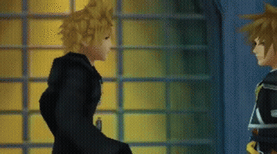 Two Video Game Characters Standing In Front Of Window GIF