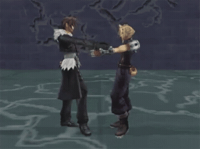 Two Video Game Characters Standing Next To Each Other Holding Hands GIF