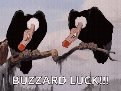Two Vultures Perched On Tree Branch Saying Buzzard Luck GIF