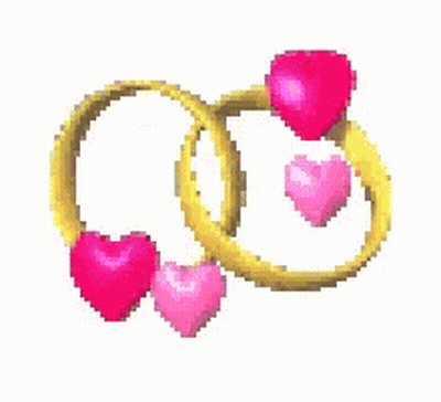 Two Wedding Rings With Pink Hearts Surrounding Them On A White Background GIF