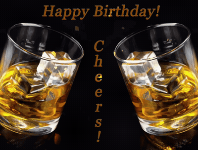 Two Whiskey Glasses Ice Cubes And Happy Birthday Cheers GIF