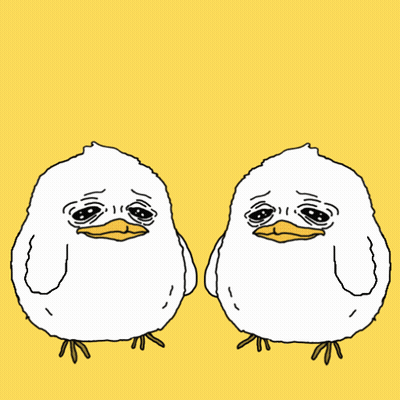 Two White Birds With Sad Faces Are Sitting Next To Each Other GIF