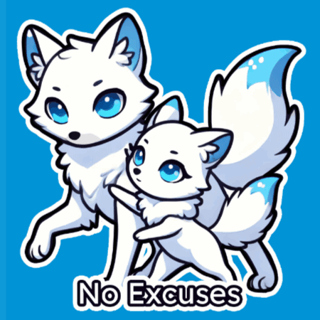 Two White Foxes With Blue Eyes And The Words No Excuses GIF