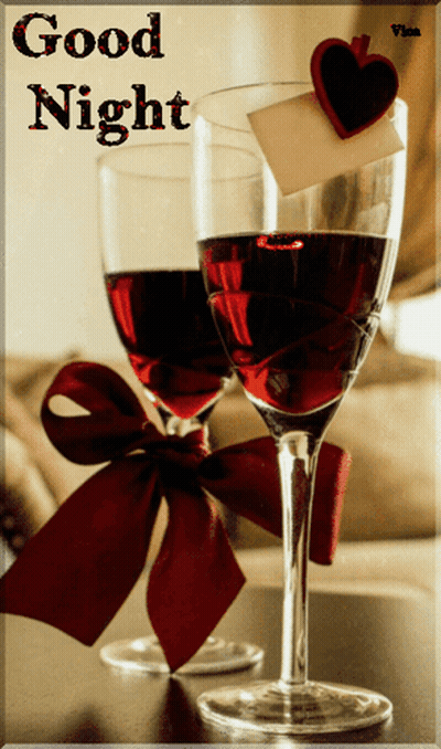 Two Wine Glasses With Red Ribbon And Heart Saying Good Night GIF