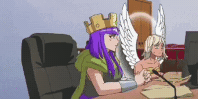 Two Winged Women Sitting At Desk With Computer Monitor GIF