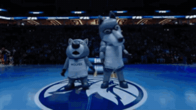 Two Wolves Mascots On Basketball Court GIF