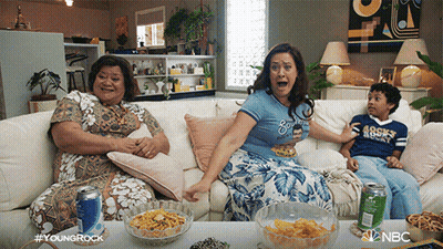 Two Women And A Boy Sitting On Couch With NBC GIF