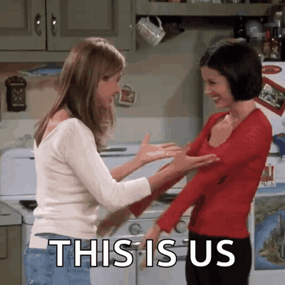 Two Women Are Dancing In A Kitchen With The Words This Is Us Written On The Bottom GIF