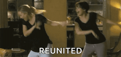Two Women Are Dancing In A Living Room And The Word Reunited Is On The Bottom Right GIF