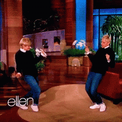 Two Women Are Dancing In A Room With The Words Ellen On The Bottom GIF
