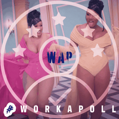 Two Women Are Dancing In Front Of A Circle With The Word Wap On It GIF