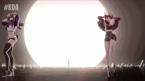 Two Women Are Dancing In Front Of A Large White Circle With The Hashtag #Kda On The Bottom GIF