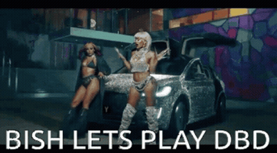 Two Women Are Dancing In Front Of A Silver Car That Says ' Bish Lets Play Dbd ' GIF