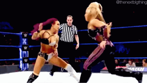 Two Women Are Fighting In A Wrestling Ring With A Referee Watching . GIF