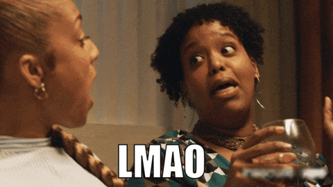 Two Women Are Having A Conversation And The Word Lmao Is On The Screen GIF