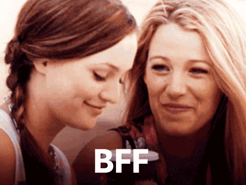Two Women Are Looking At Each Other With The Word Bff In The Corner GIF
